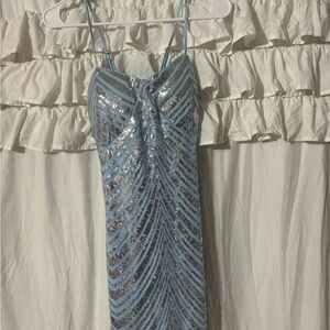 Glamorous Silver and Blue Sequin Prom Dress